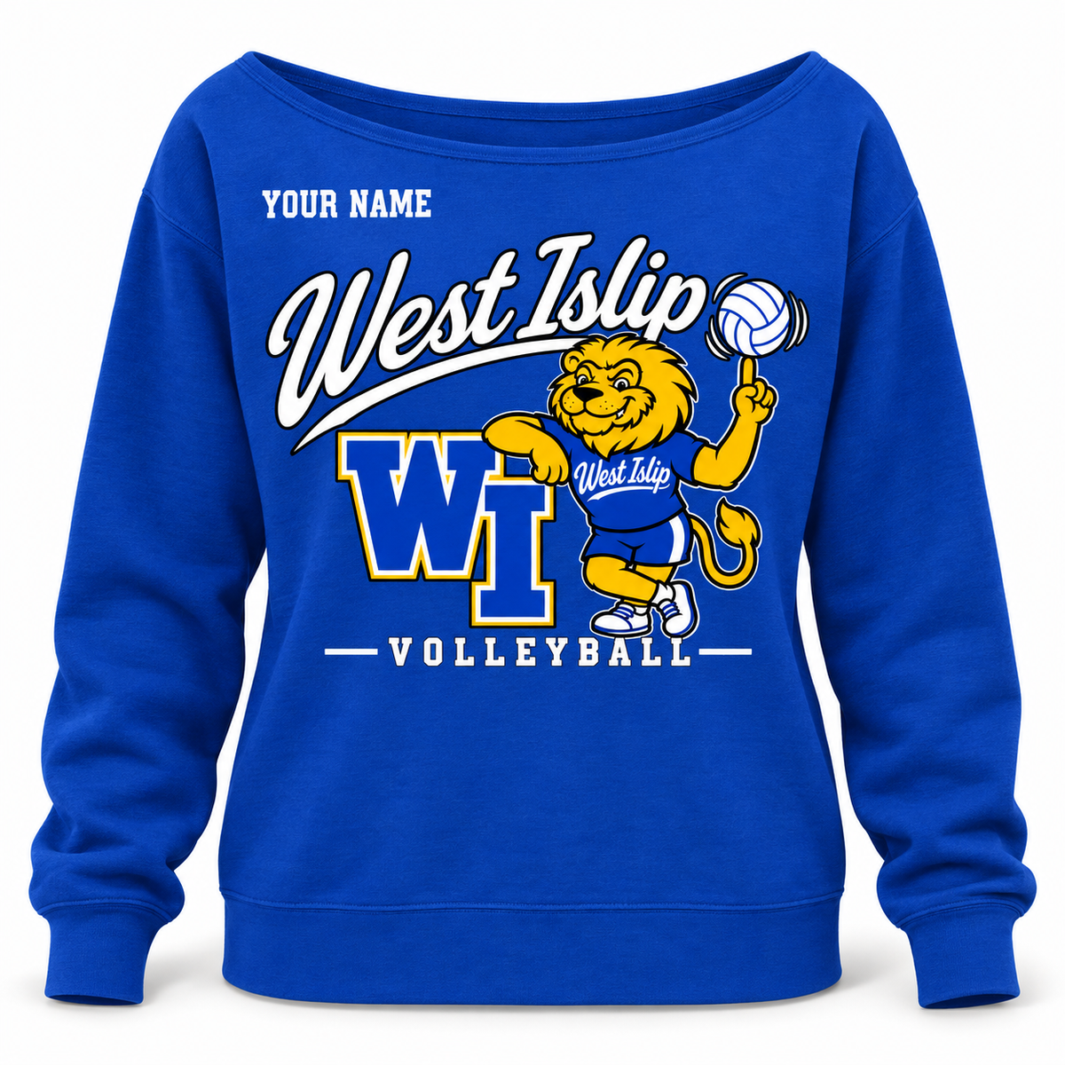West Islip Volleyball women's wide-neck sweatshirt in Royal Blue, optional name example