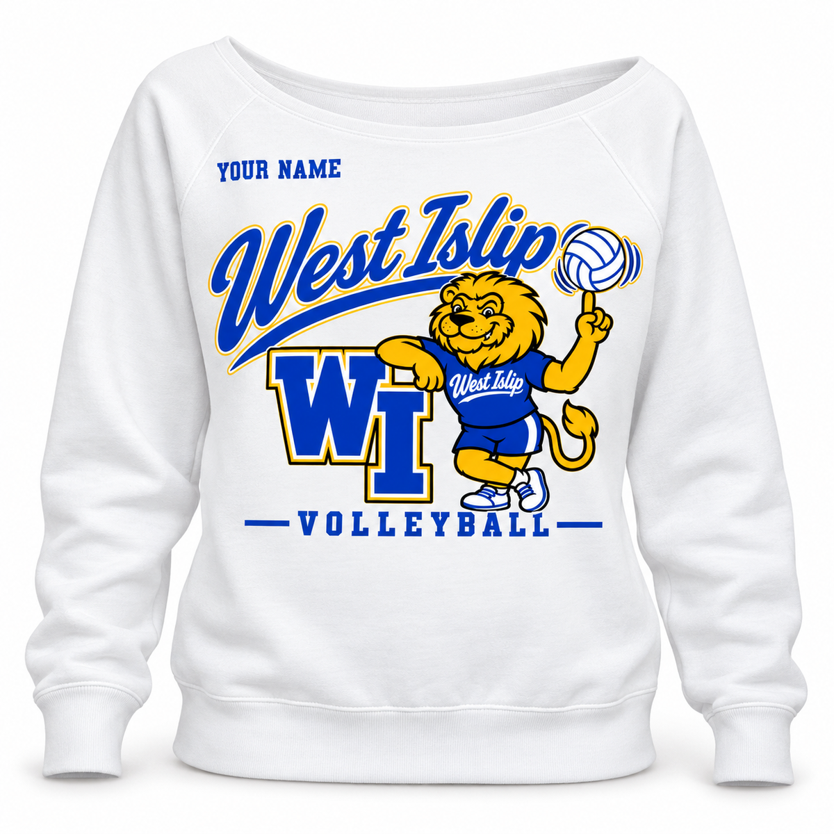 West Islip Volleyball women's wide-neck sweatshirt in White, optional name example