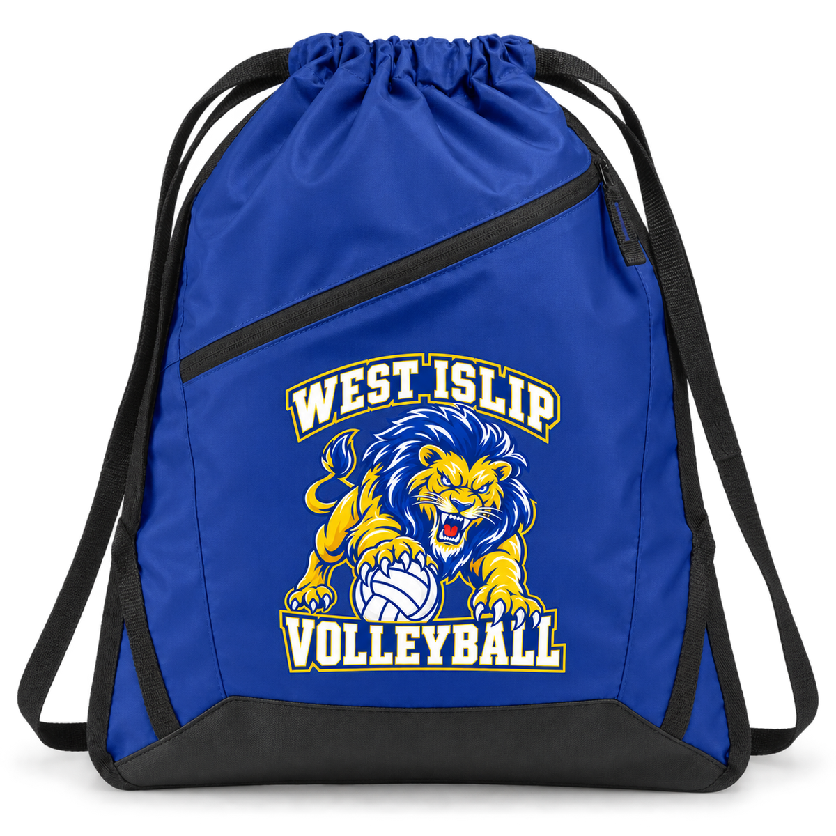 West Islip Volleyball Fierce Lion Zip-Pocket Drawstring Bag — True Royal / Black, front view