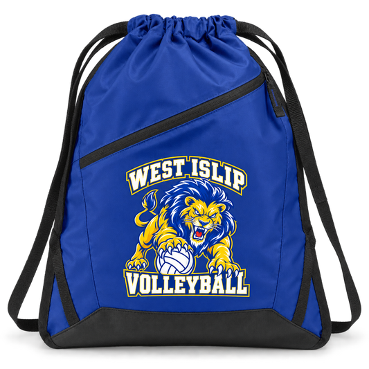 West Islip Volleyball Fierce Lion Zip-Pocket Drawstring Bag — True Royal / Black, front view