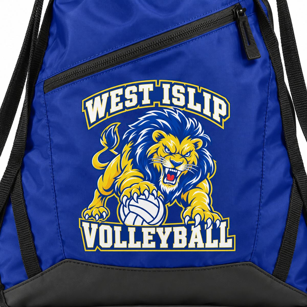 West Islip Volleyball Fierce Lion Zip-Pocket Drawstring Bag — True Royal / Black, detail view