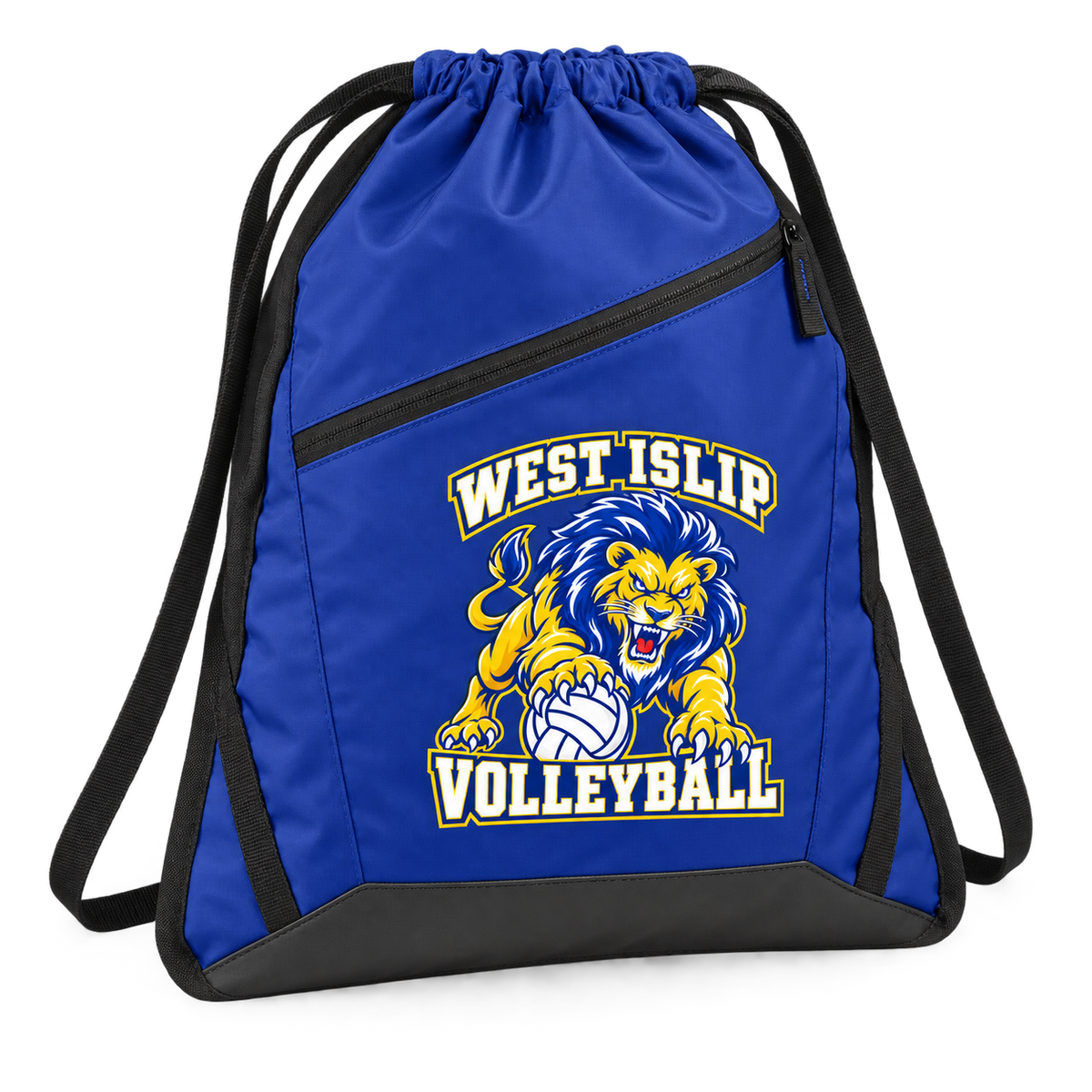 West Islip Volleyball Fierce Lion Zip-Pocket Drawstring Bag — True Royal / Black, angle view