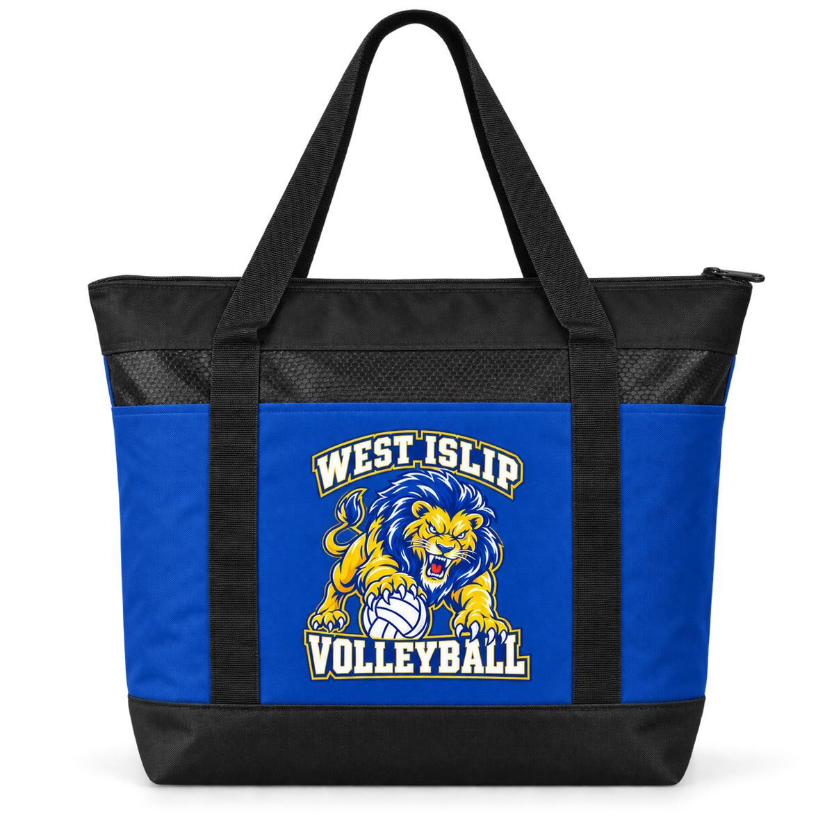 West Islip Volleyball Fierce Lion Large Zippered Cooler Tote — True Royal / Black, front view