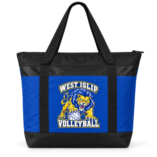 West Islip Volleyball Fierce Lion Large Zippered Cooler Tote — True Royal / Black, front view