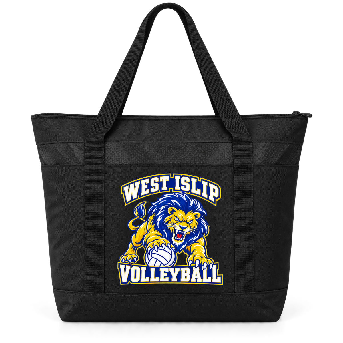 West Islip Volleyball Fierce Lion Large Zippered Cooler Tote — Black / Black, front view