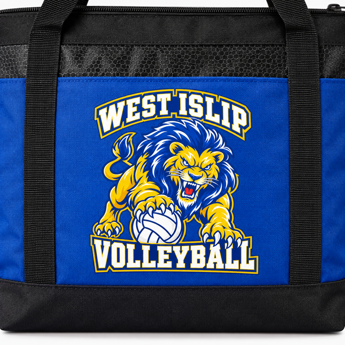 West Islip Volleyball Fierce Lion Large Zippered Cooler Tote — True Royal / Black, detail view