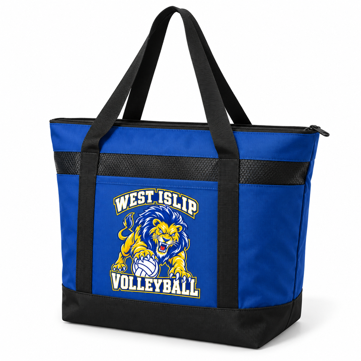 West Islip Volleyball Fierce Lion Large Zippered Cooler Tote — True Royal / Black, angle view