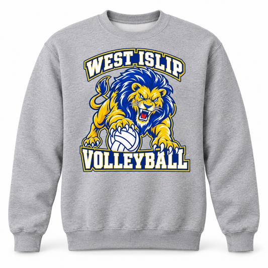 West Islip Volleyball Fierce Lion Crewneck Sweatshirt — Sport Gray, front view