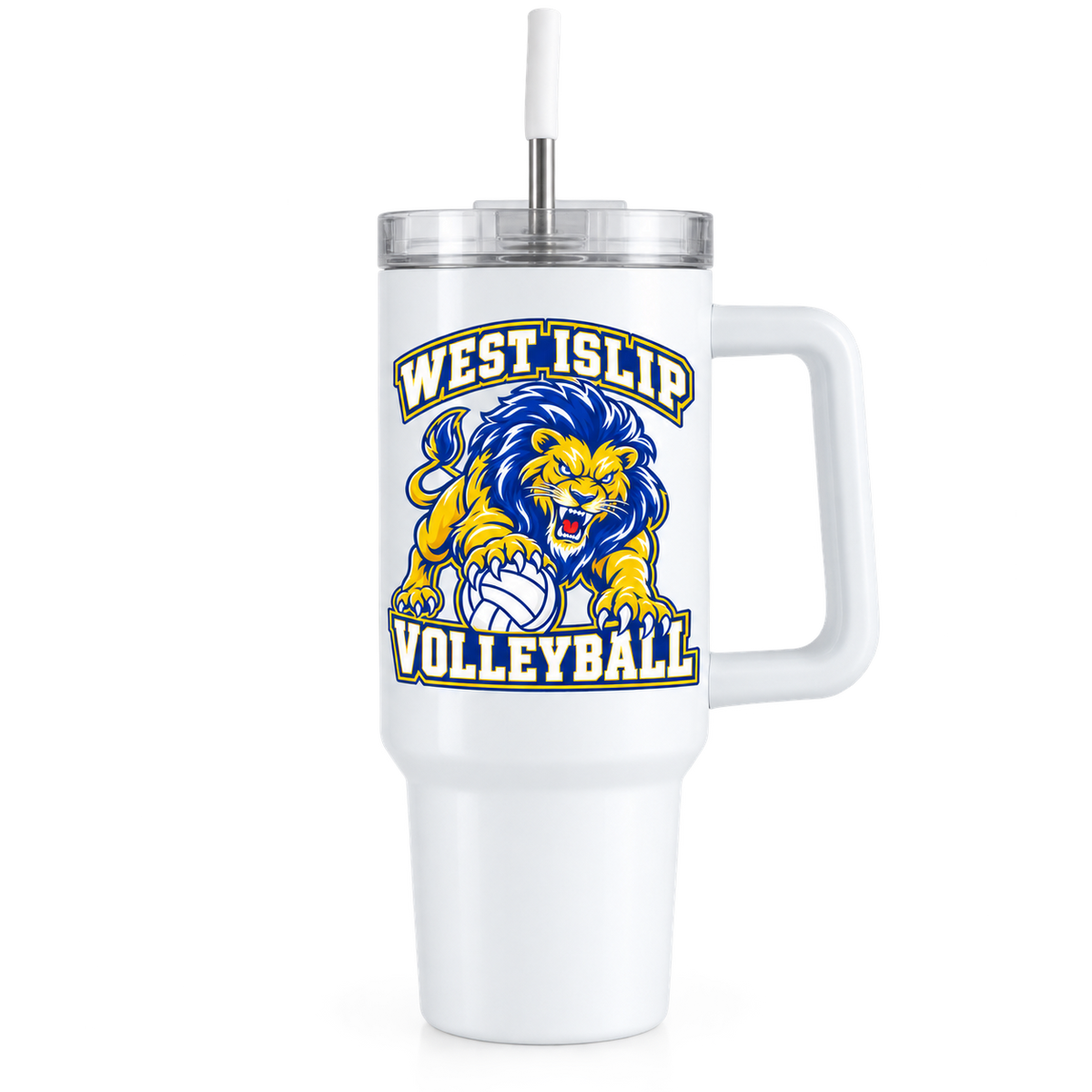 West Islip Volleyball Fierce Lion 40 oz Handled Tumbler — White, front view