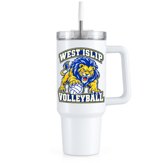 West Islip Volleyball Fierce Lion 40 oz Handled Tumbler — White, front view