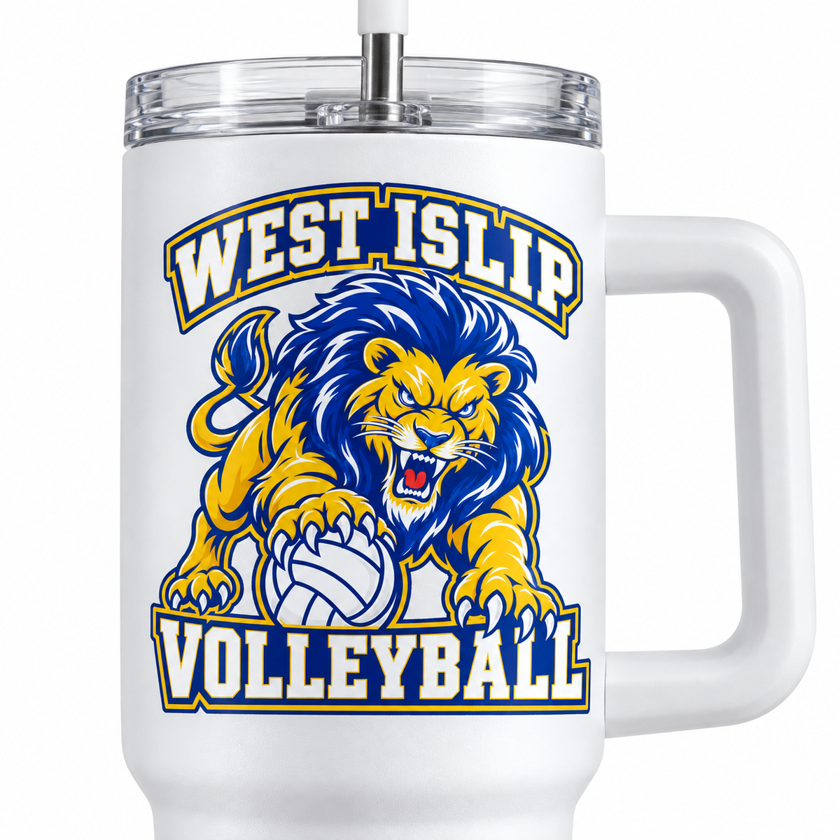 West Islip Volleyball Fierce Lion 40 oz Handled Tumbler — White, detail view