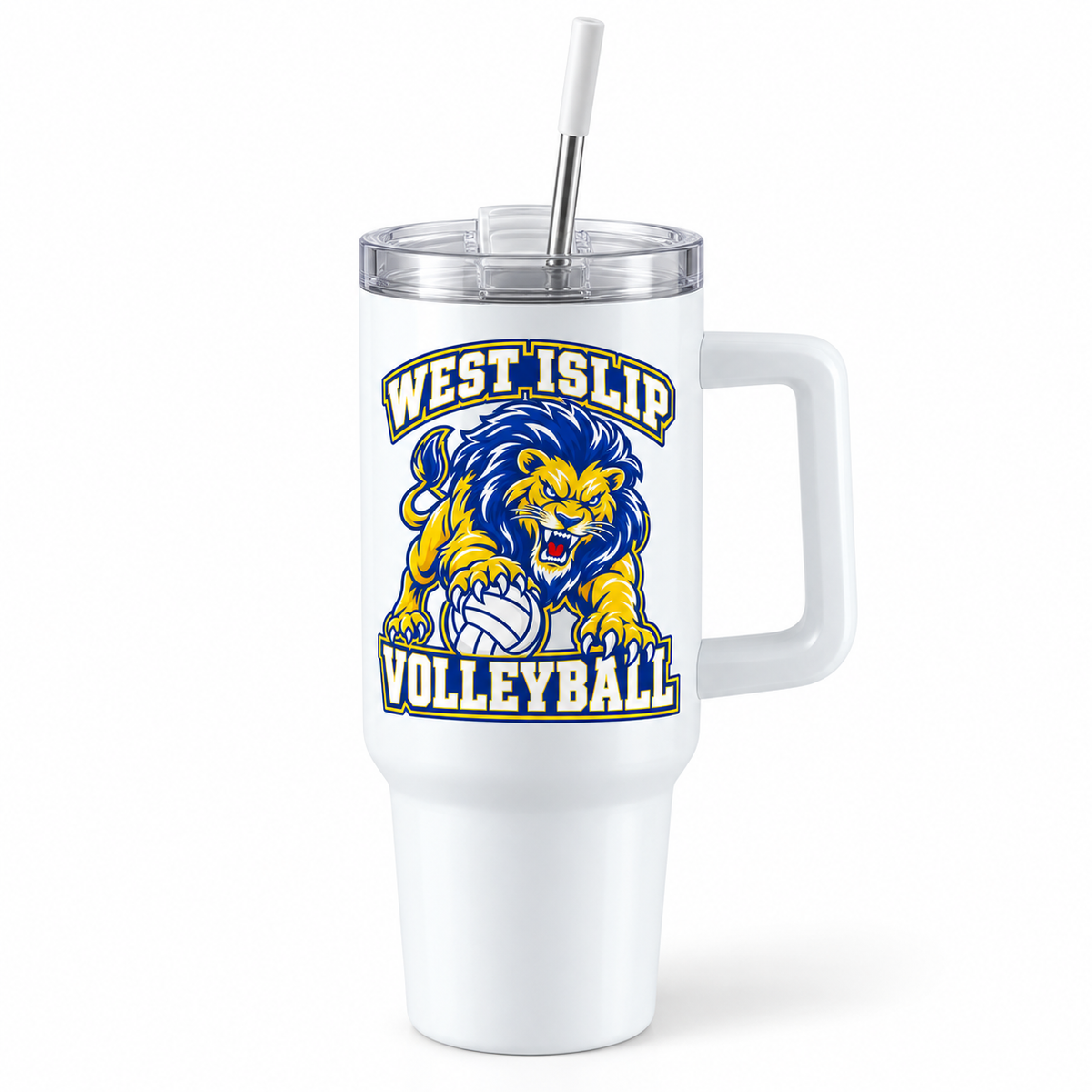 West Islip Volleyball Fierce Lion 40 oz Handled Tumbler — White, angle view