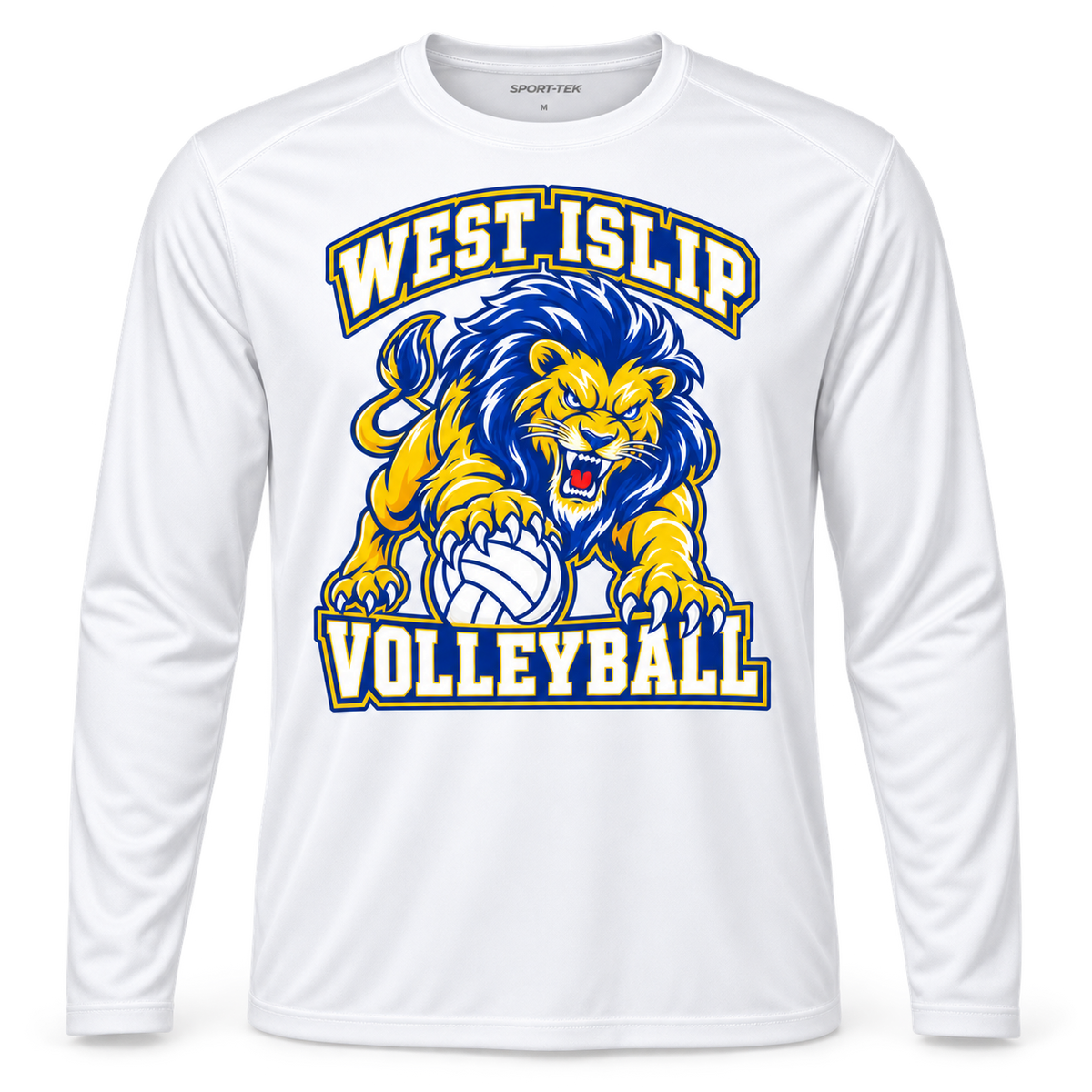 West Islip Volleyball Fierce Lion Performance Long Sleeve — White, front view