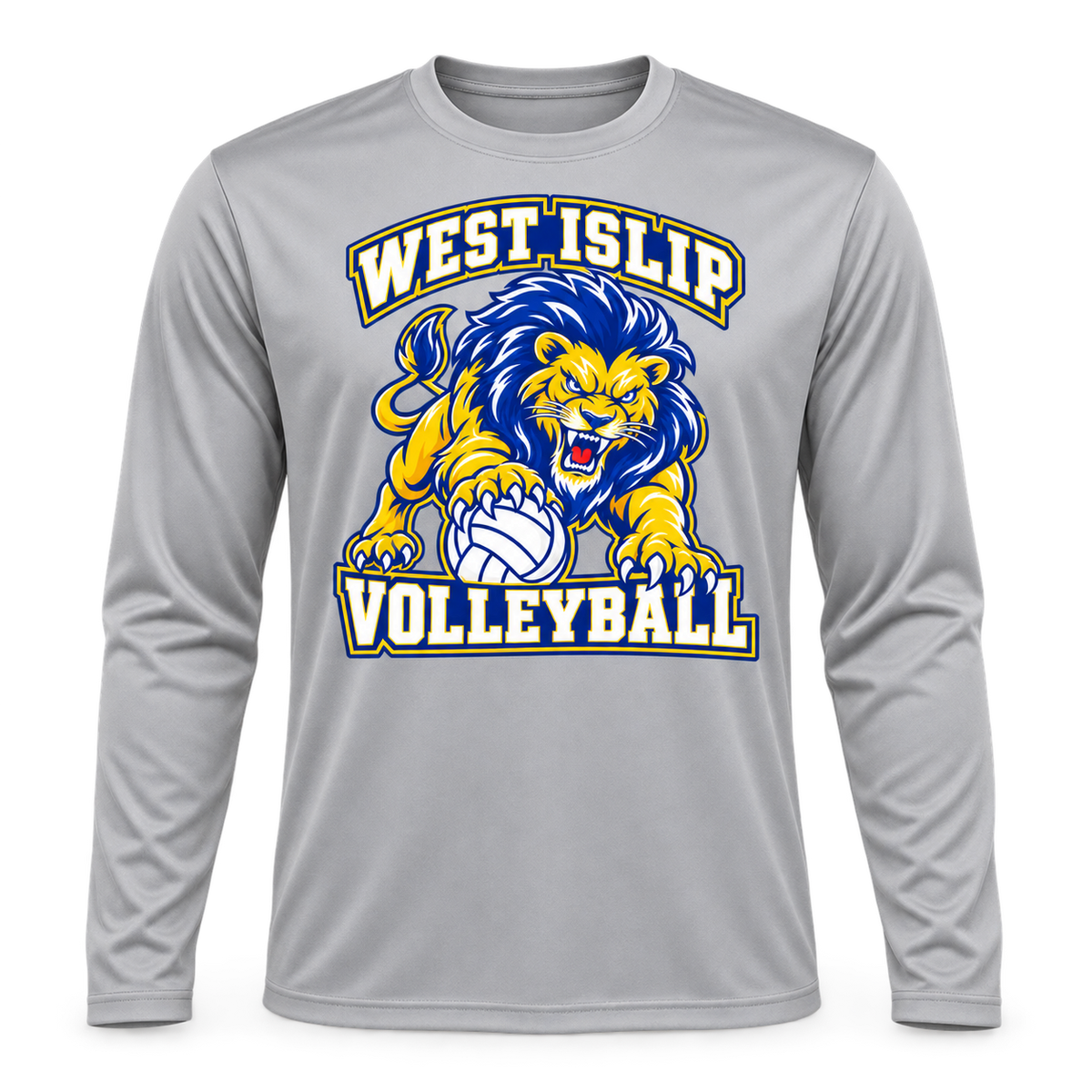 West Islip Volleyball Fierce Lion Performance Long Sleeve — Silver, front view