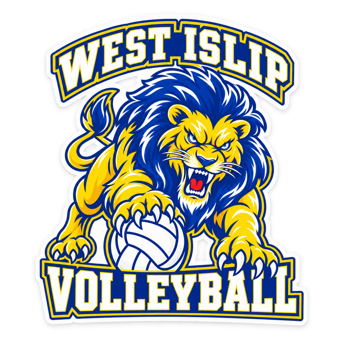 West Islip Volleyball Fierce Lion Die-Cut Vinyl Sticker — Royal / Gold / White, front view