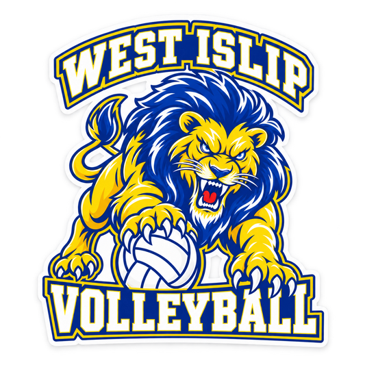 West Islip Volleyball Fierce Lion Die-Cut Vinyl Sticker — Royal / Gold / White, front view