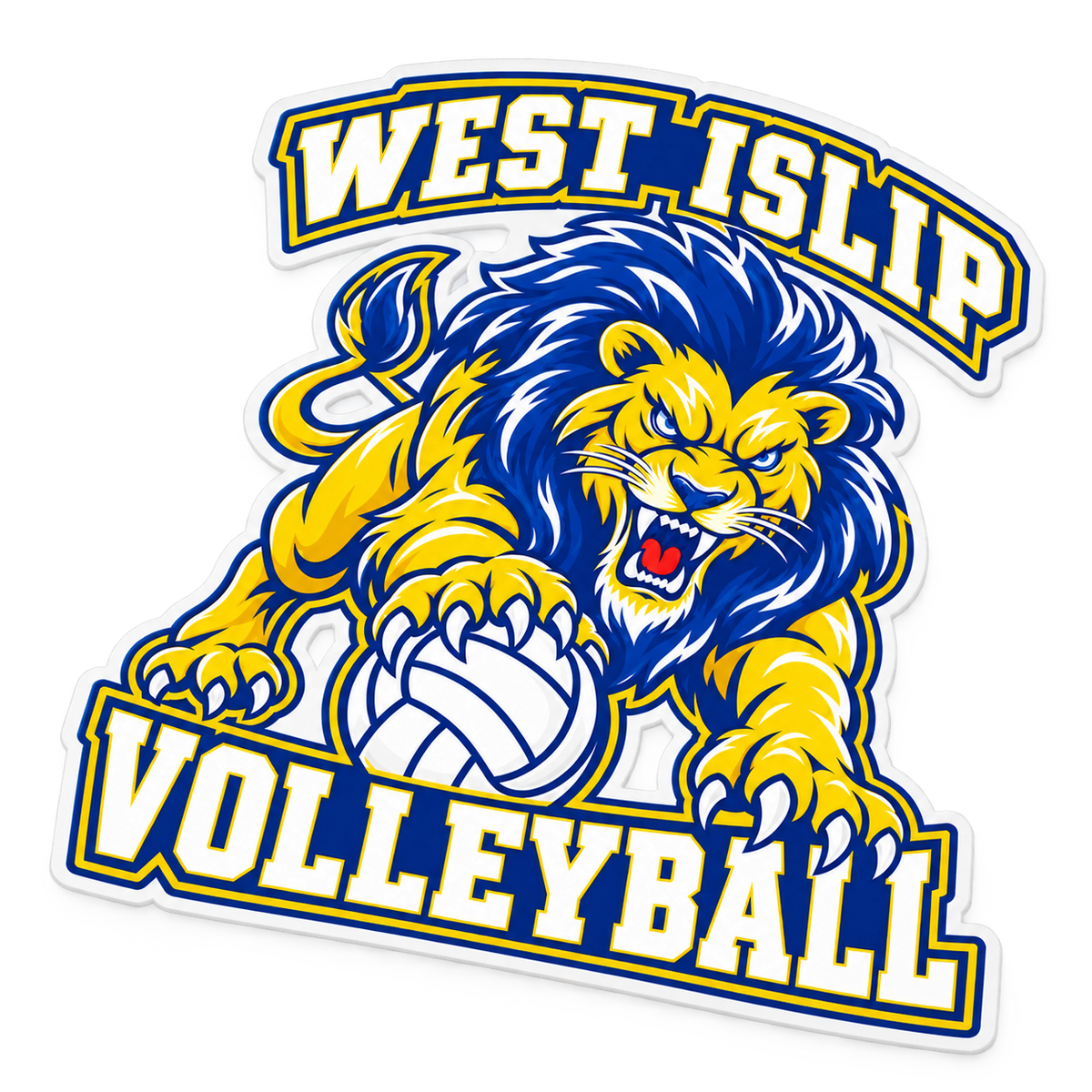 West Islip Volleyball Fierce Lion Die-Cut Vinyl Sticker — Royal / Gold / White, angle view