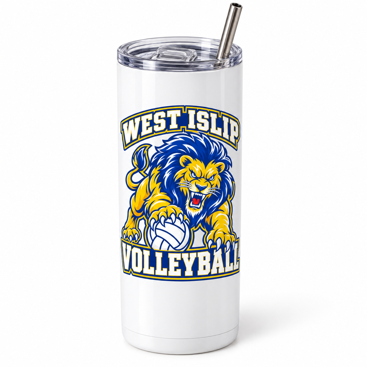 West Islip Volleyball Fierce Lion 20 oz Skinny Tumbler — White, angle view