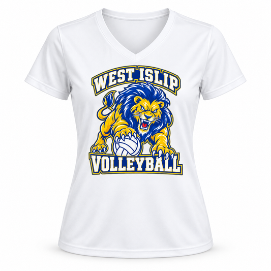 West Islip Volleyball Fierce Lion Women's Performance V-Neck — White, front view