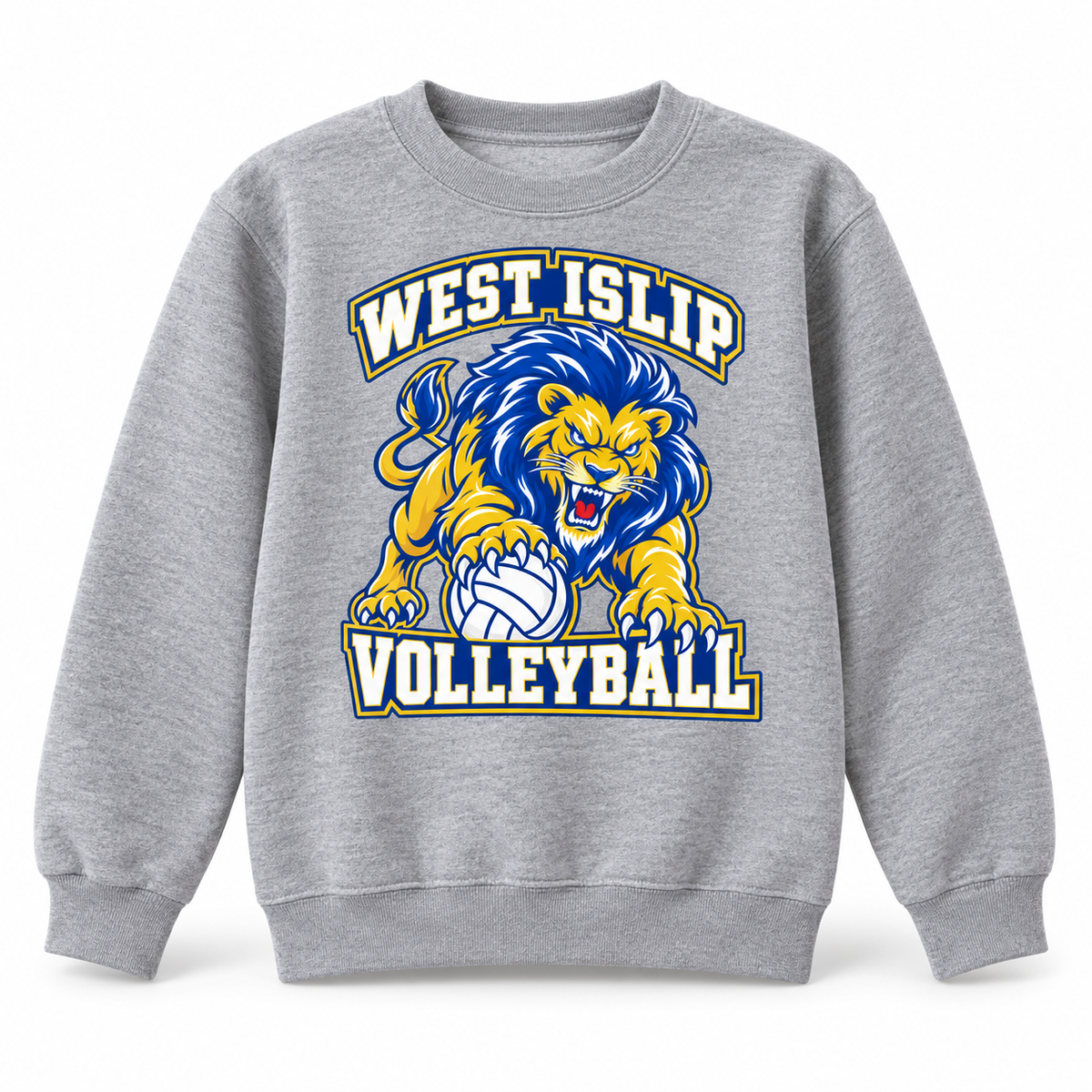 West Islip Volleyball Fierce Lion Youth Crewneck Sweatshirt — Sport Gray, front view