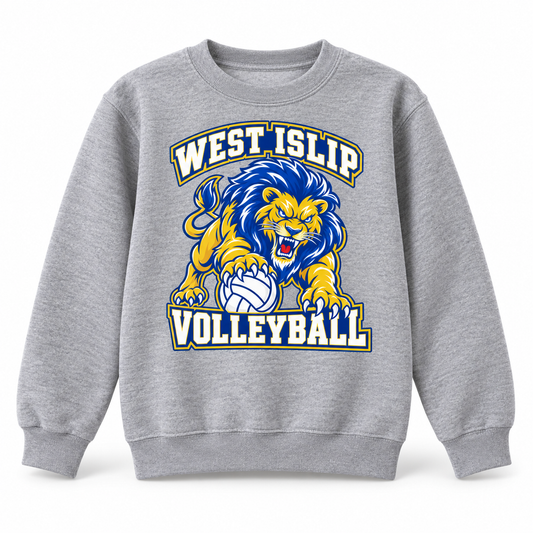 West Islip Volleyball Fierce Lion Youth Crewneck Sweatshirt — Sport Gray, front view
