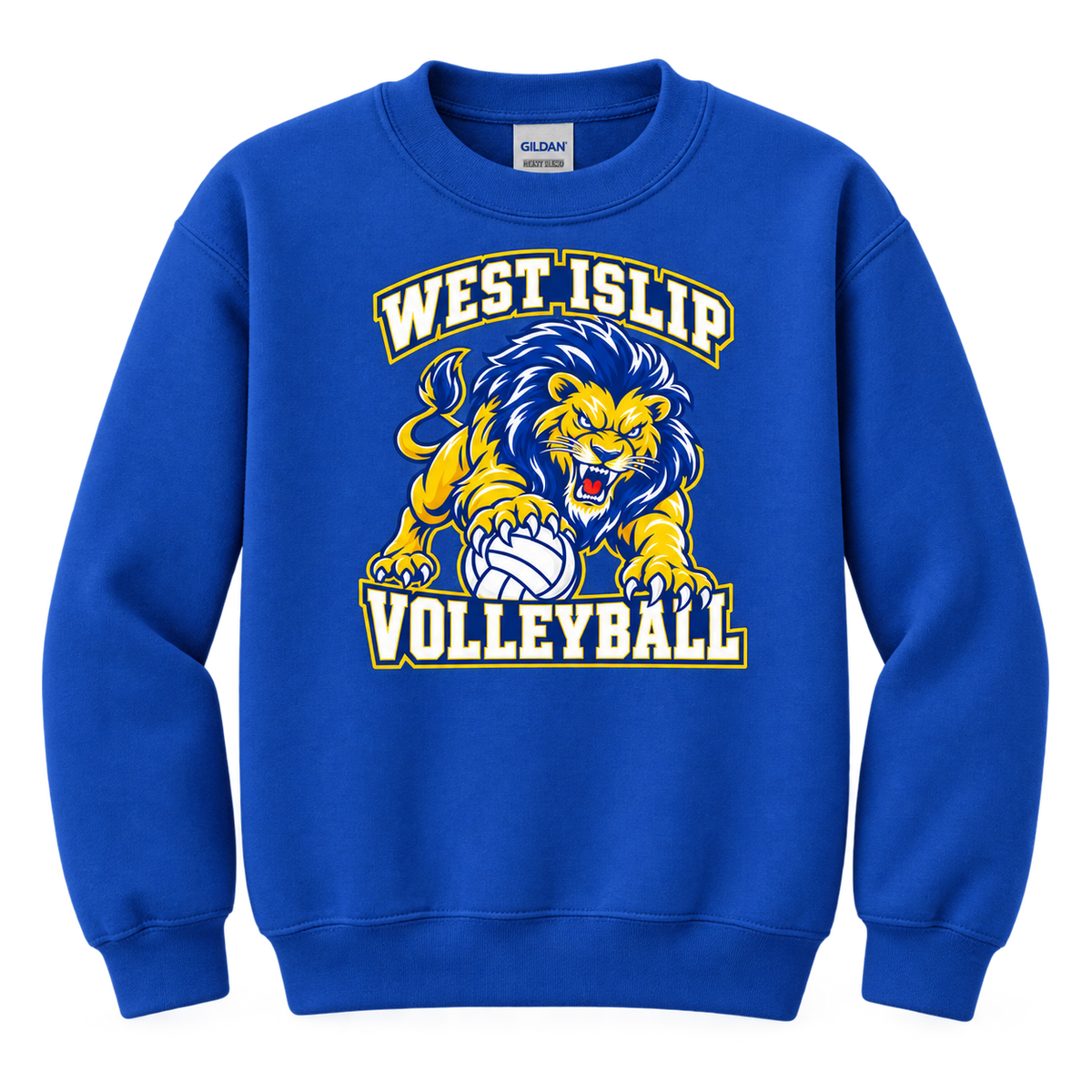 West Islip Volleyball Fierce Lion Youth Crewneck Sweatshirt — Royal Blue, front view