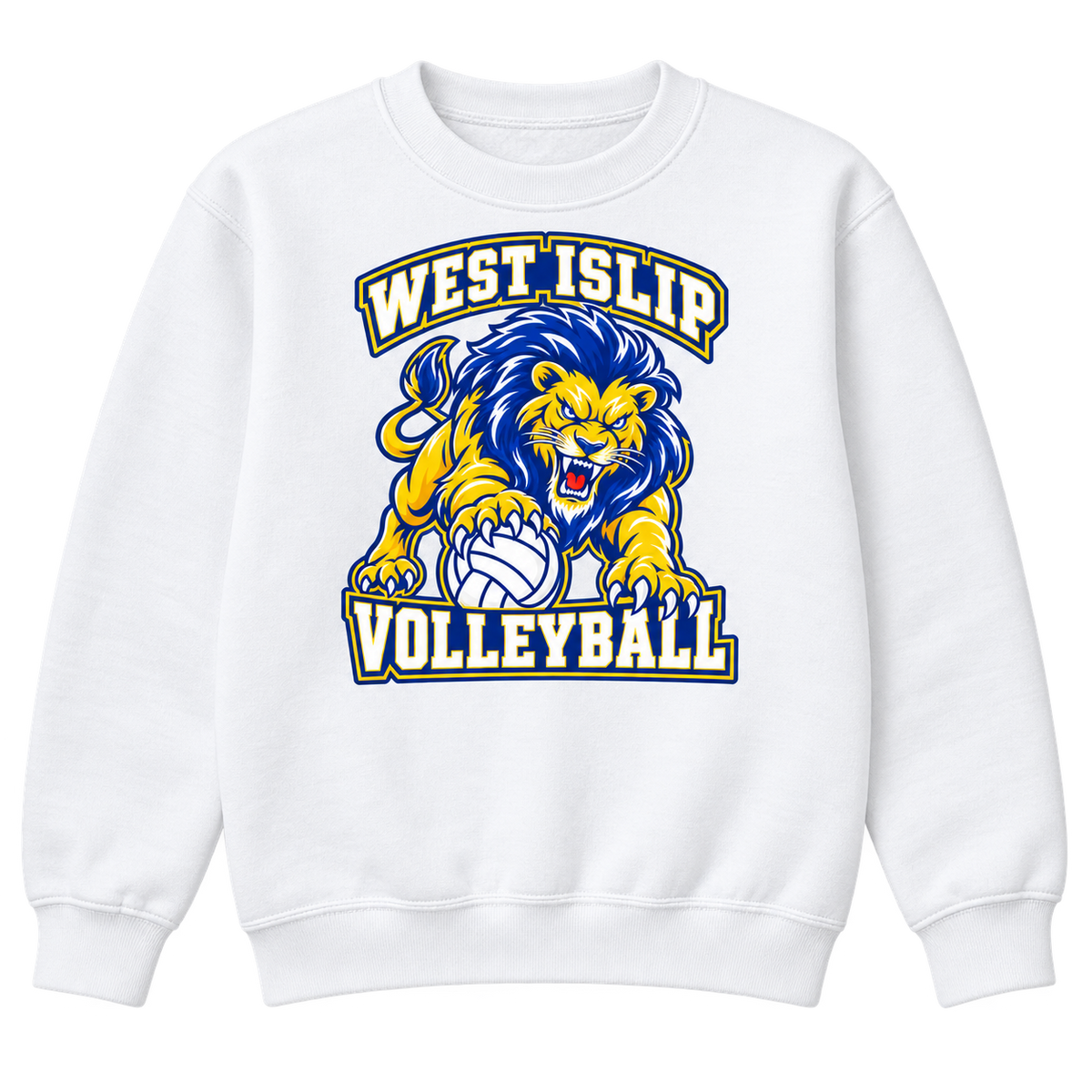 West Islip Volleyball Fierce Lion Youth Crewneck Sweatshirt — White, front view