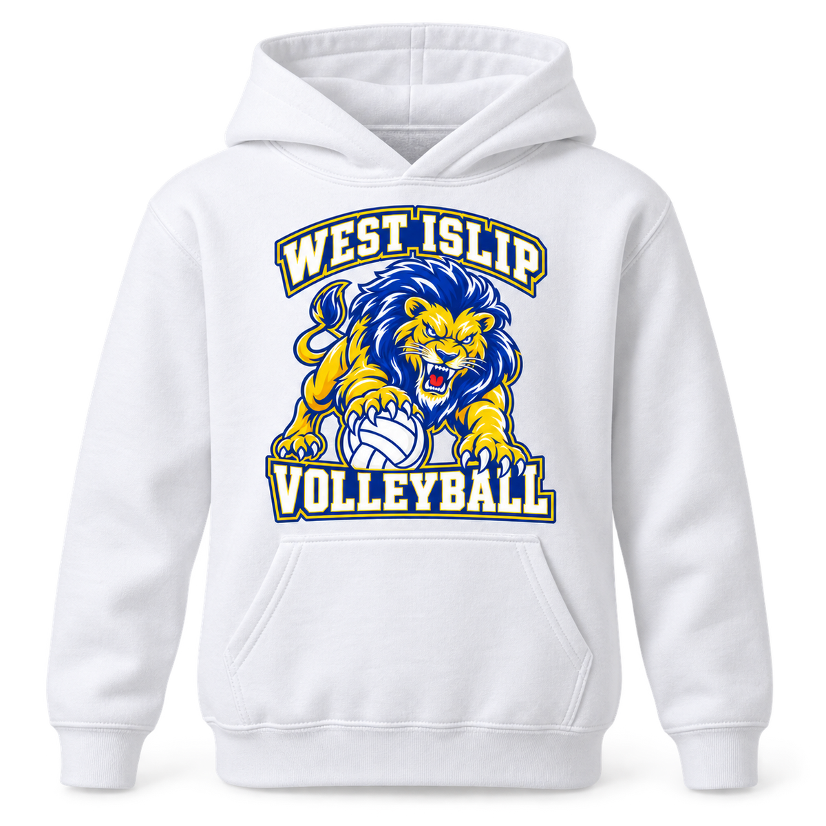 West Islip Volleyball Fierce Lion Youth Pullover Hoodie — White, front view