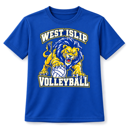 West Islip Volleyball Fierce Lion Youth Performance Tee — True Royal, front view