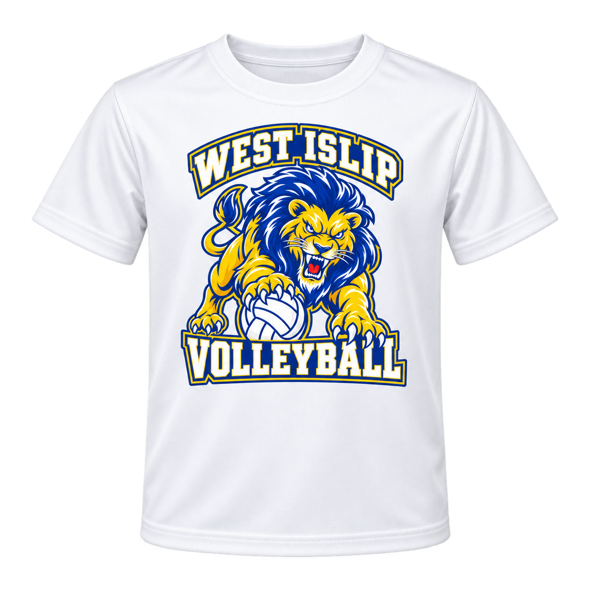 West Islip Volleyball Fierce Lion Youth Performance Tee — White, front view