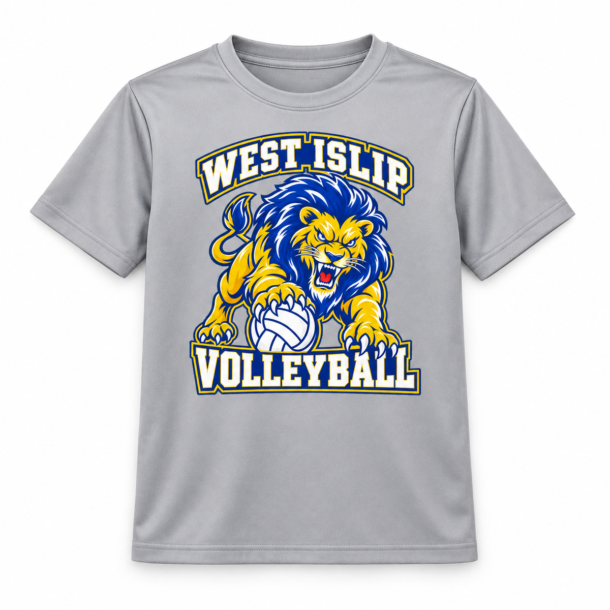 West Islip Volleyball Fierce Lion Youth Performance Tee — Silver, front view