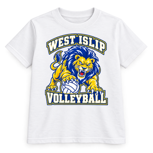West Islip Volleyball Fierce Lion Youth Cotton Tee — White, front view