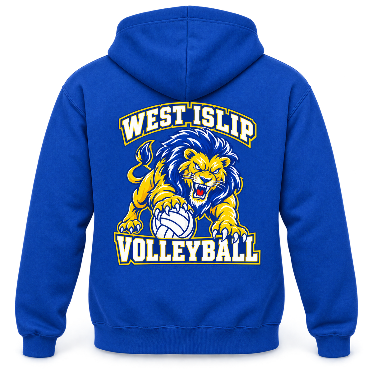 West Islip Volleyball Fierce Lion Full-Zip Hoodie — Royal Blue, back view