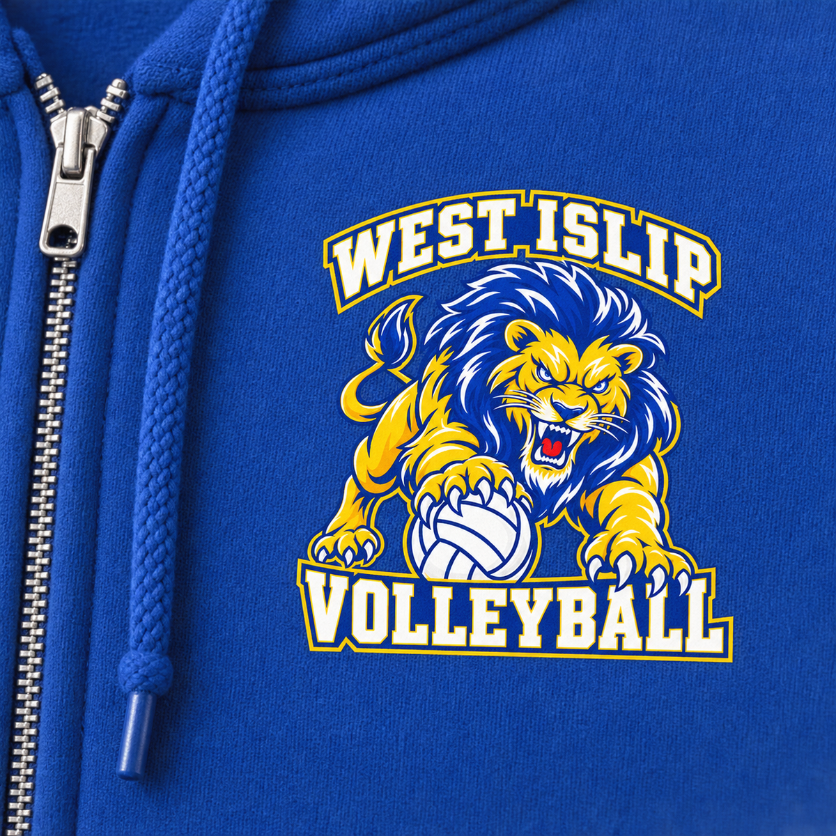 West Islip Volleyball Fierce Lion Full-Zip Hoodie — Royal Blue, detail view