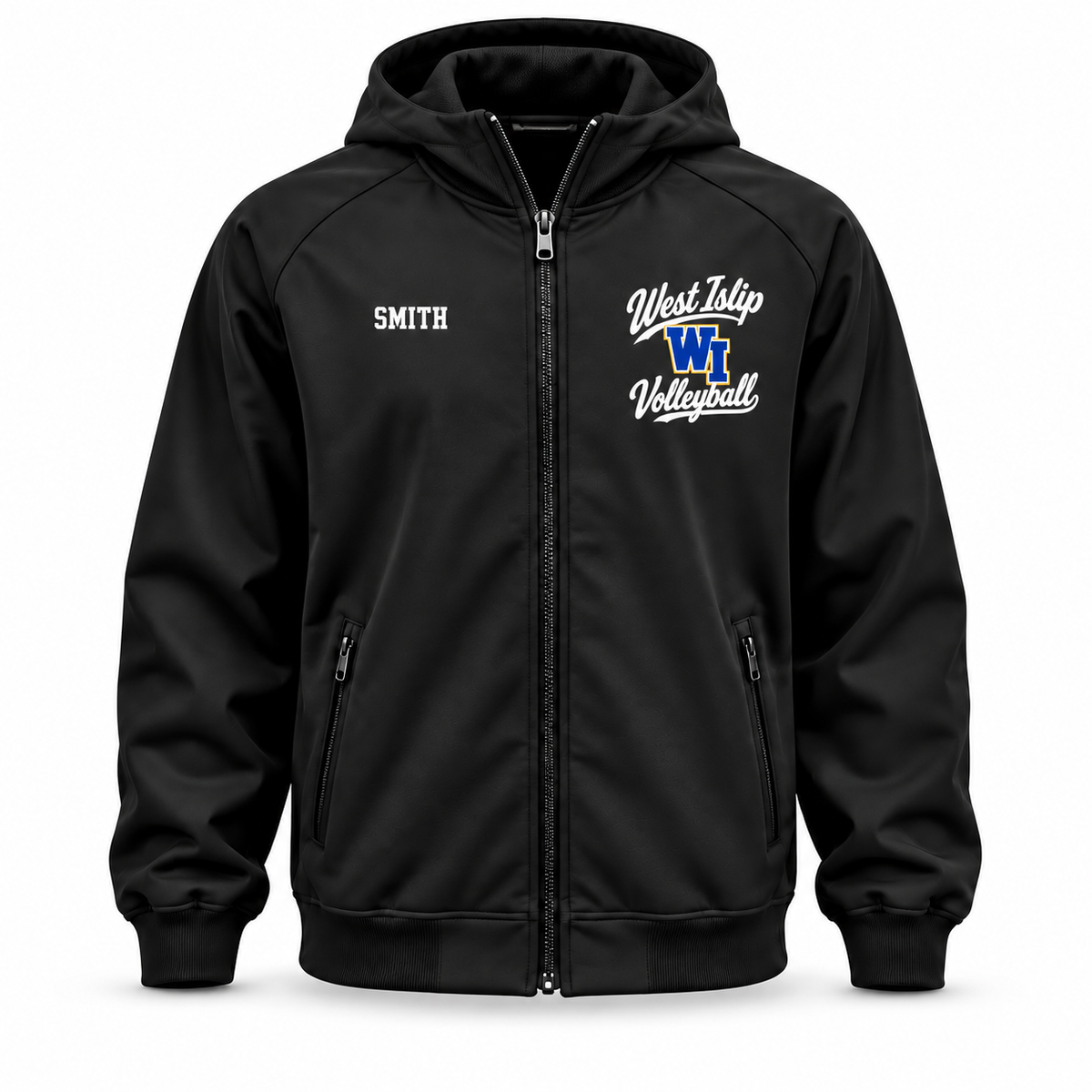 West Islip Volleyball Original Script black hooded Holloway jacket, front view