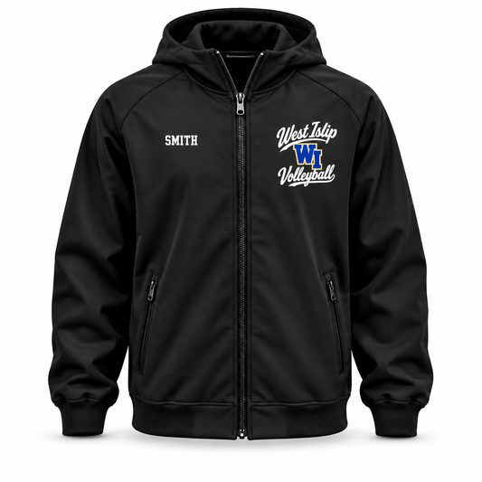 West Islip Volleyball Original Script black hooded Holloway jacket, front view