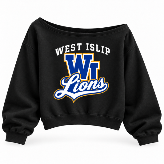 West Islip Lions women's Black Classic WI Script wide-shoulder crop sweatshirt