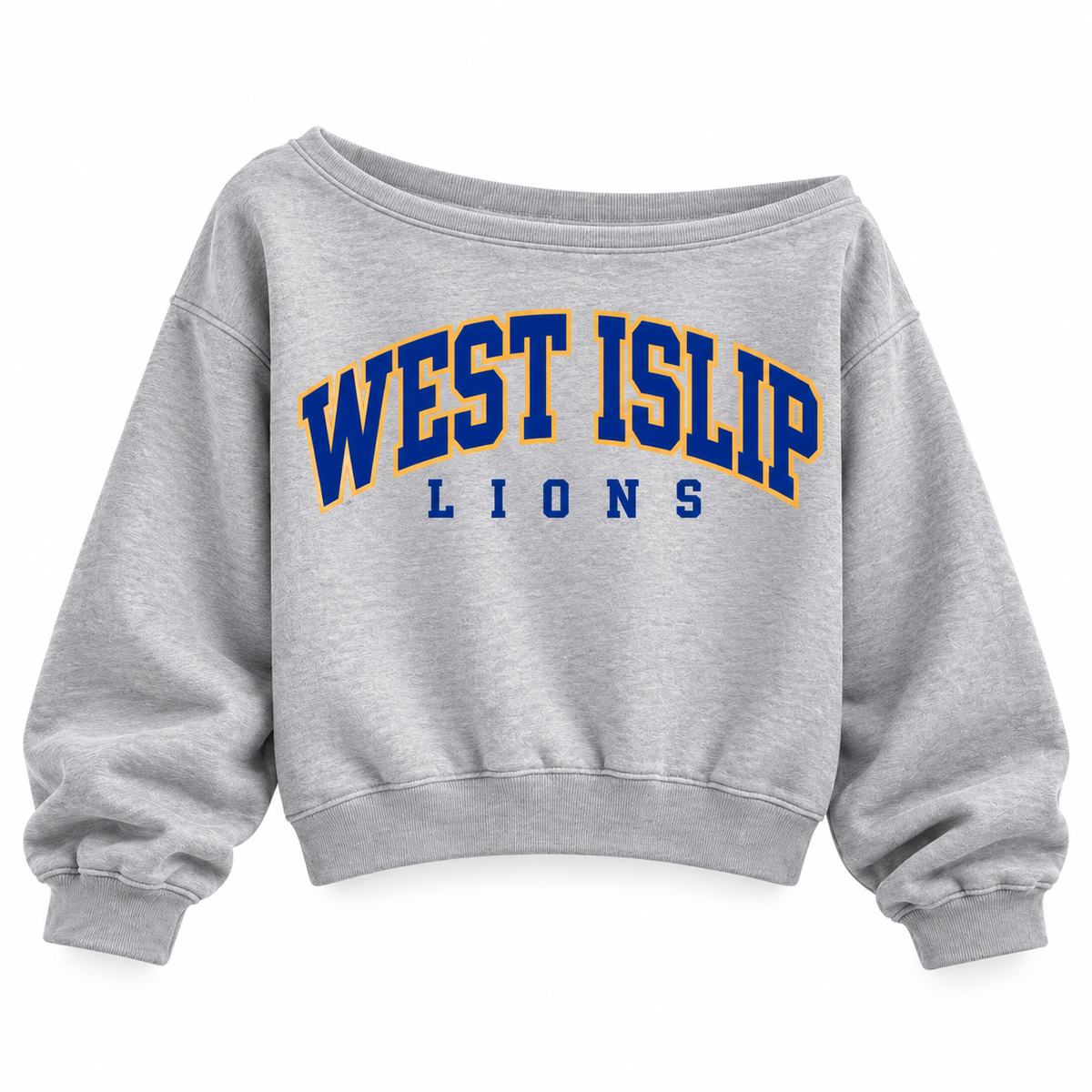 West Islip Lions women's Heather Gray Campus Arch wide-shoulder crop sweatshirt