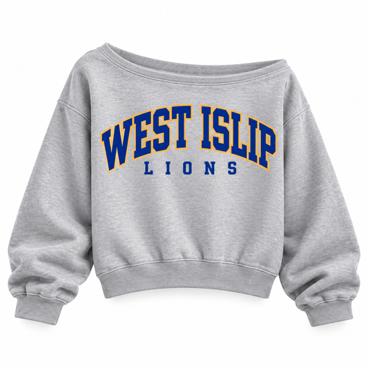 West Islip Lions women's Heather Gray Campus Arch wide-shoulder crop sweatshirt