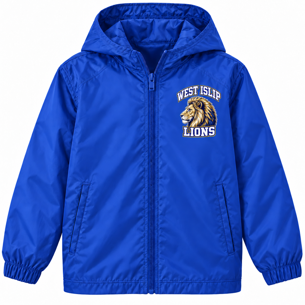 West Islip Lions youth Classic Profile royal blue full-zip windbreaker, front left-chest print