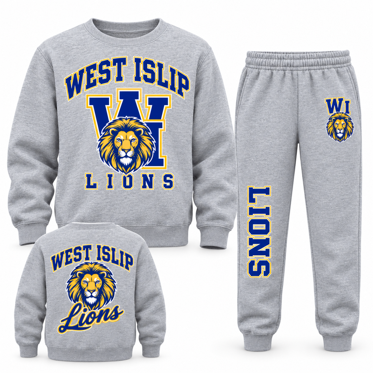 West Islip Lions Youth Varsity Crest Crewneck & Jogger Set - Heather Gray