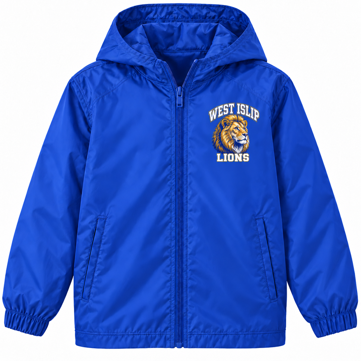 West Islip Lions youth Heritage Lion royal blue full-zip windbreaker, front left-chest print