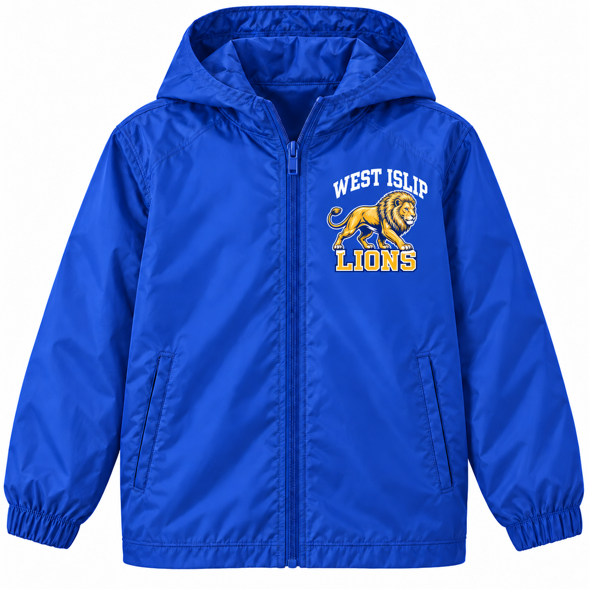 West Islip Lions youth Prowling Lion royal blue full-zip windbreaker, front left-chest print