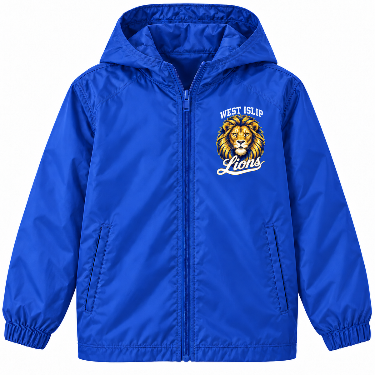 West Islip Lions youth Royal Mane royal blue full-zip windbreaker, front left-chest print