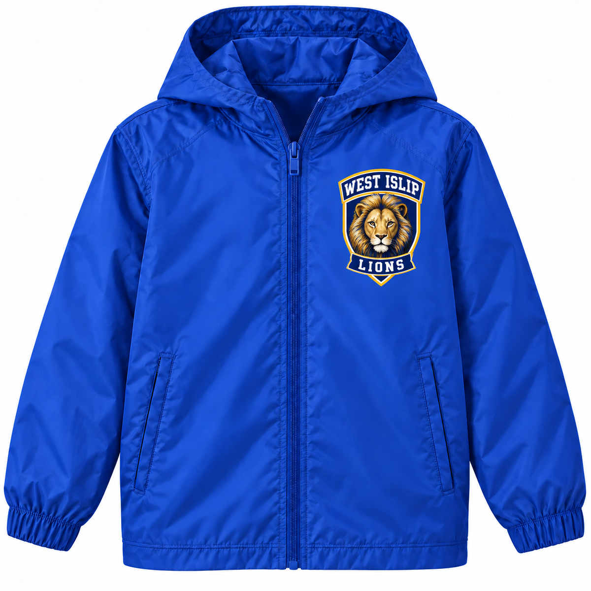 West Islip Lions youth Varsity Crest royal blue full-zip windbreaker, front left-chest print
