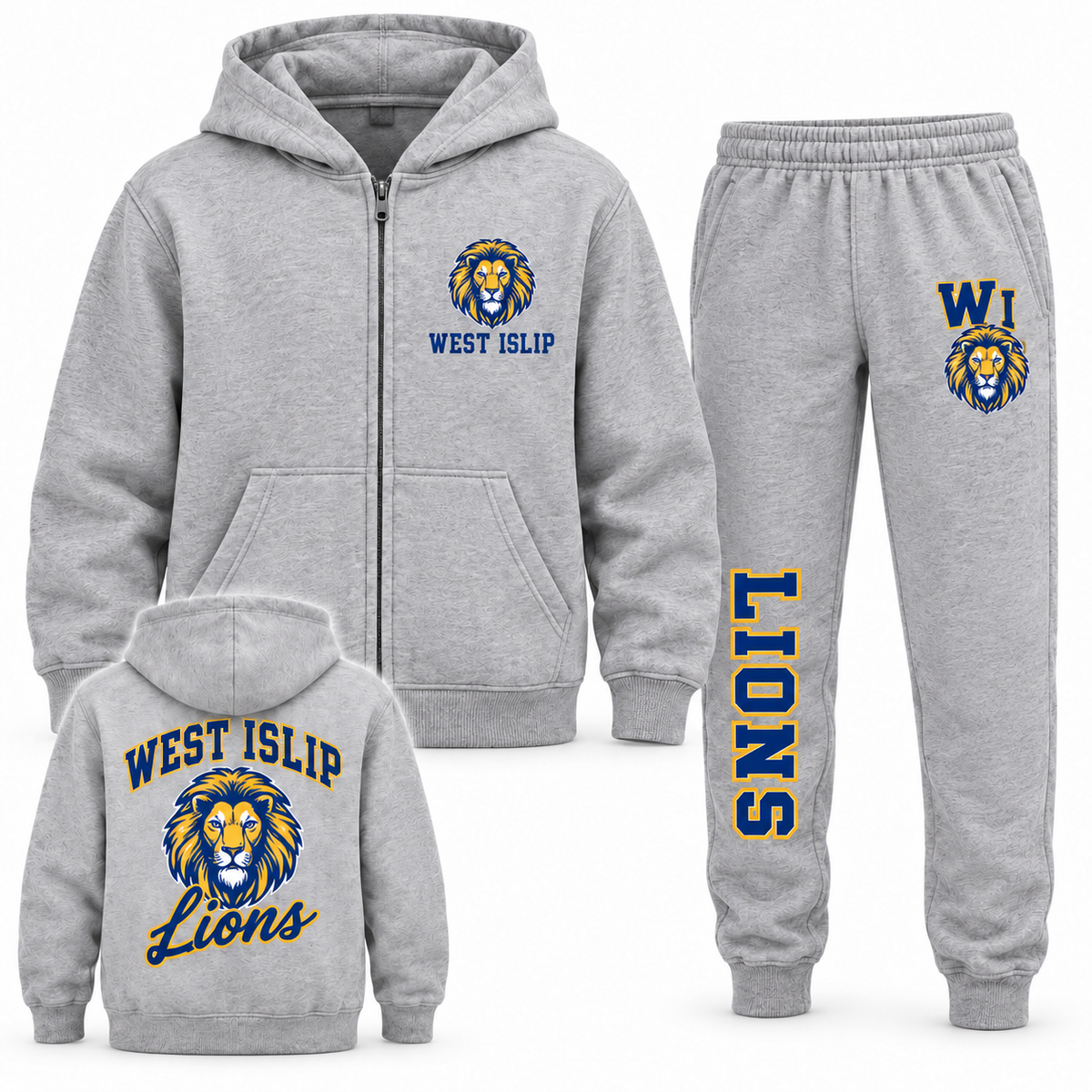 West Islip Lions Youth Zip-Up Hoodie & Jogger Set - Heather Gray