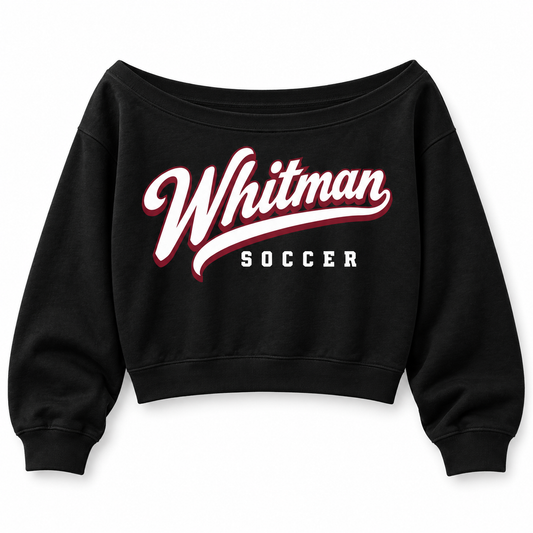 Walt Whitman Soccer Heritage Script Off-Shoulder Crop Sweatshirt in Black