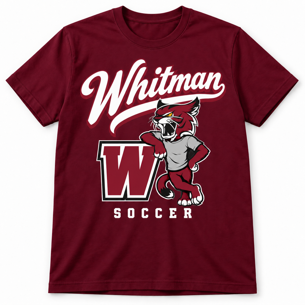 Walt Whitman Soccer Heritage Wildcat Script T-Shirt — Maroon