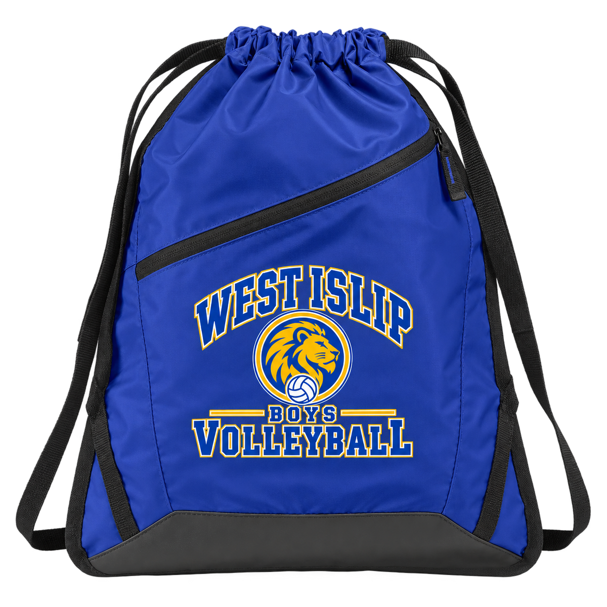 West Islip Boys Volleyball Varsity Crest Zip-Pocket Drawstring Bag in True Royal / Black