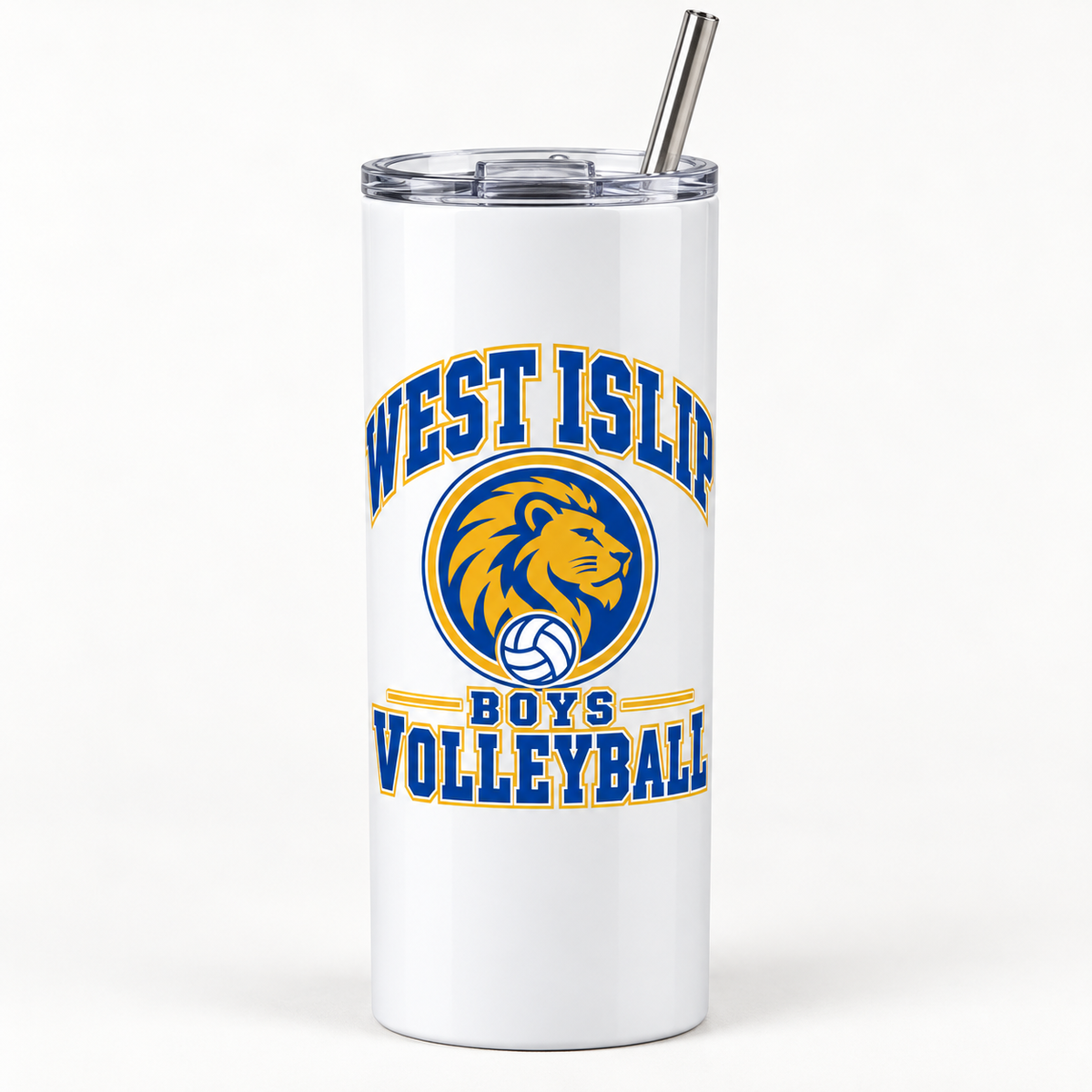 West Islip Boys Volleyball Varsity Crest 20 oz Skinny Tumbler in White